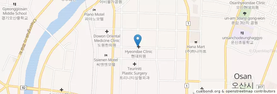 Mapa de ubicacion de 현대의원 en 대한민국, 경기도, 오산시.