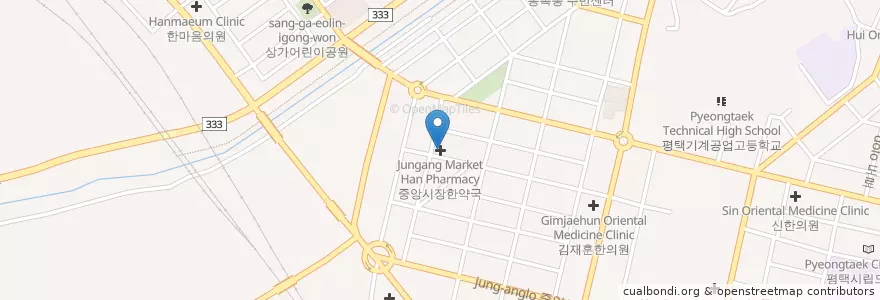 Mapa de ubicacion de 중앙시장한약국 en Güney Kore, 경기도, 평택시.