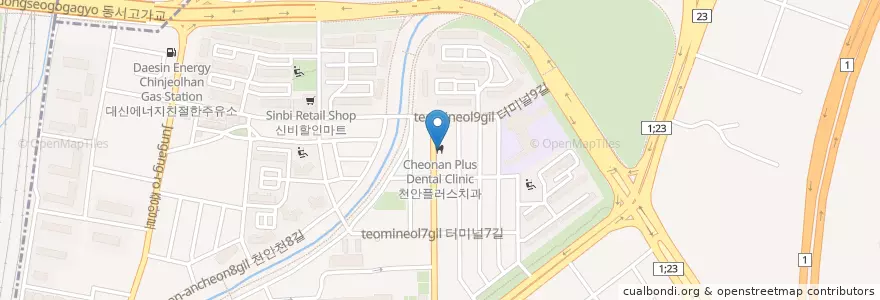 Mapa de ubicacion de 천안플러스치과 en 대한민국, 충청남도, 천안시, 동남구.