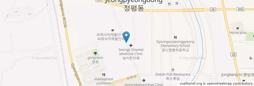 Mapa de ubicacion de 즐거운치과 en Corea Del Sur, Gyeongsang Del Norte, 경산시, 서부2동.