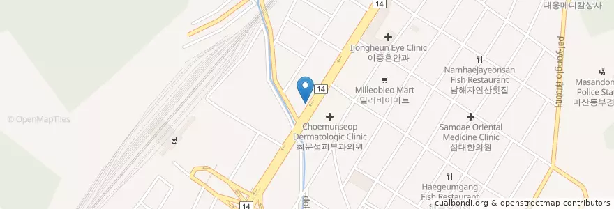 Mapa de ubicacion de 유앤미치과 en Güney Kore, 경상남도, 창원시, 마산회원구.