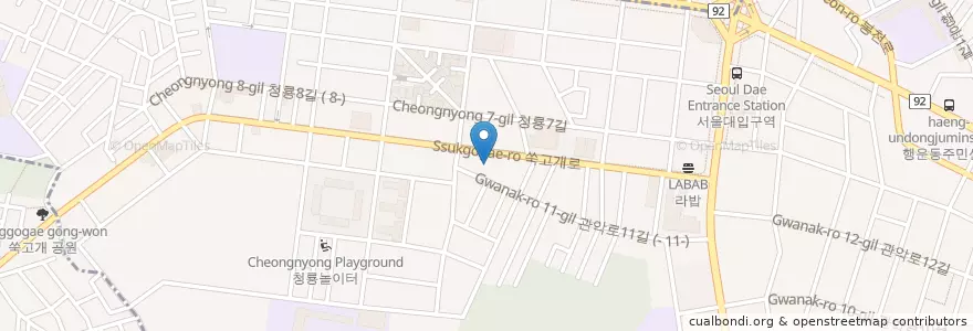 Mapa de ubicacion de 청룡사우나 en Corée Du Sud, Séoul, 관악구, 청룡동.