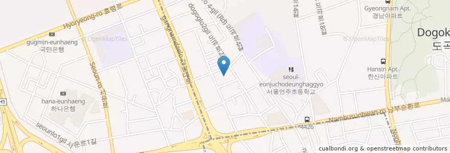 Mapa de ubicacion de 천주교양재동성당 en 대한민국, 서울, 서초구, 도곡1동.