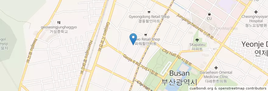 Mapa de ubicacion de 천주교부산교구거제동성당 en Corea Del Sur, Busan, 연제구, 거제동.