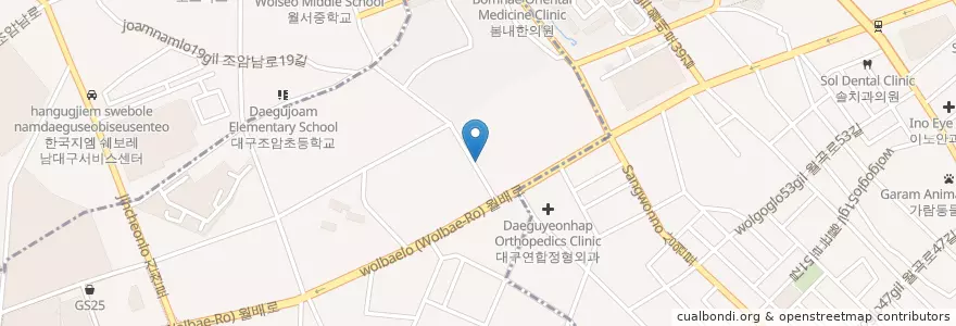 Mapa de ubicacion de Bam Hill Dae Catholic Church en South Korea, Daegu, Dalseo-Gu, Jincheon-Dong.