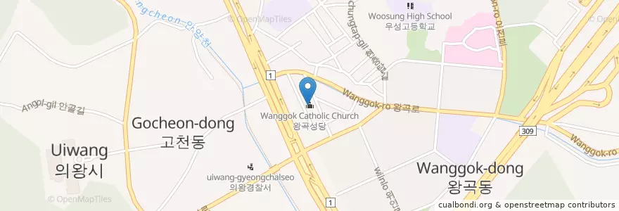 Mapa de ubicacion de 왕곡성당 en کره جنوبی, گیونگی-دو, 의왕시, 고천동, 왕곡동.