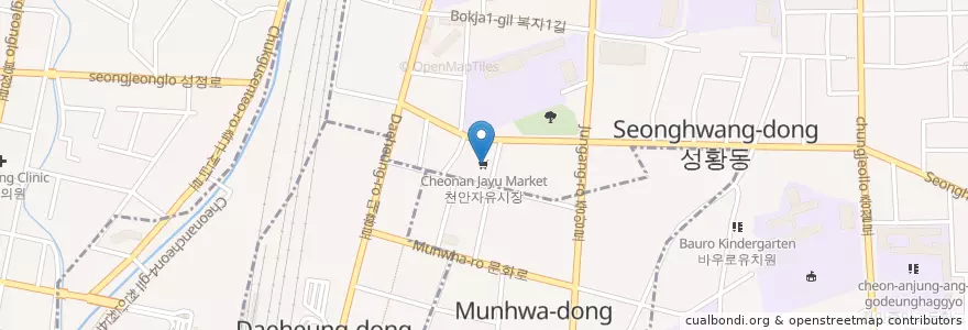 Mapa de ubicacion de 천안자유시장 en كوريا الجنوبية, 충청남도, 천안시, 동남구.