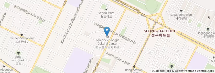 Mapa de ubicacion de 한국SGI송파문화회관 en Südkorea, Seoul, 송파구, 방이1동.
