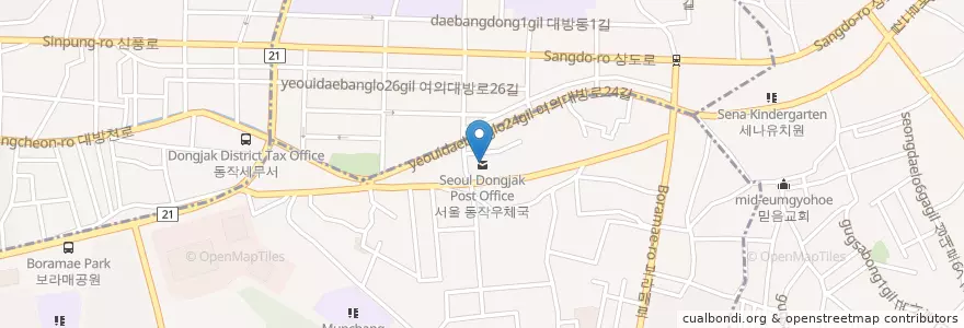 Mapa de ubicacion de 서울 동작우체국 en 대한민국, 서울, 동작구.