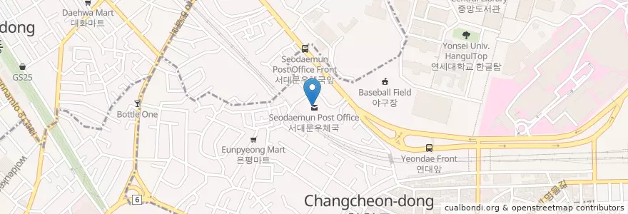 Mapa de ubicacion de 서대문우체국 en Coreia Do Sul, Seul, 마포구, 신촌동.