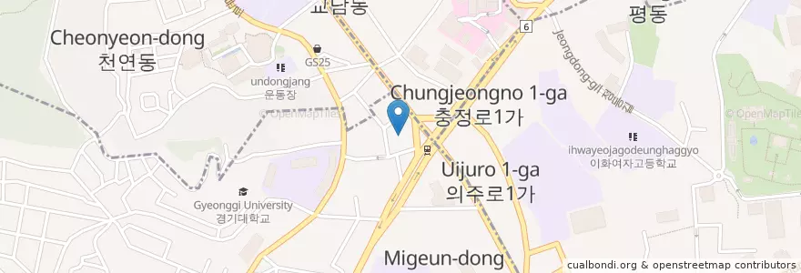Mapa de ubicacion de 충정로우체국 en Coreia Do Sul, Seul, 서대문구, 충현동.