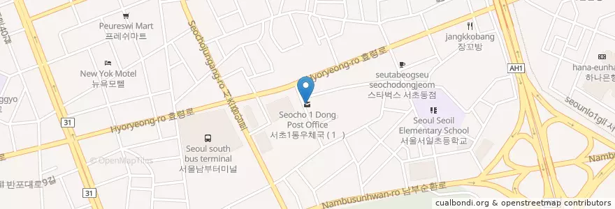 Mapa de ubicacion de 서초1동우체국 en Coreia Do Sul, Seul, 서초구, 서초1동, 서초동.