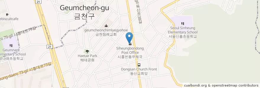 Mapa de ubicacion de 시흥본동우체국 en Corée Du Sud, Séoul, 금천구, 시흥1동, 시흥4동.