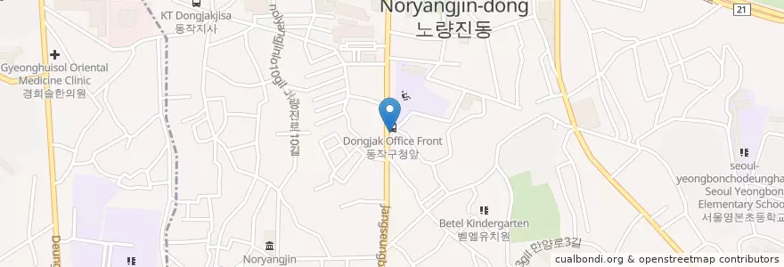 Mapa de ubicacion de 노량진우편취급국 en 大韓民国, ソウル, 銅雀区, 노량진1동, 노량진2동.