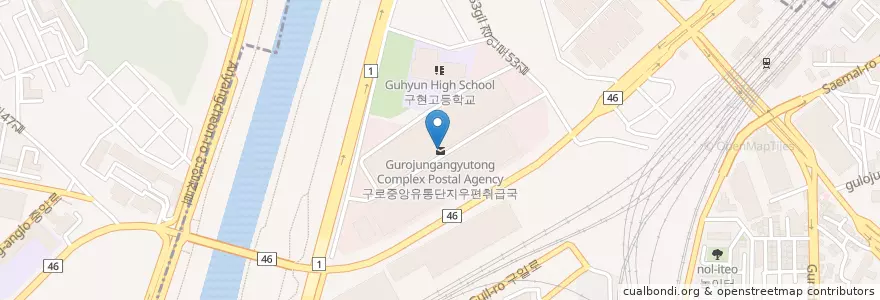 Mapa de ubicacion de 구로중앙유통단지우편취급국 en 대한민국, 서울, 구로구, 구로2동.