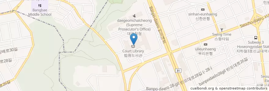 Mapa de ubicacion de 대법원우편취급국 en 大韓民国, ソウル, 瑞草区, 서초3동, 서초동.