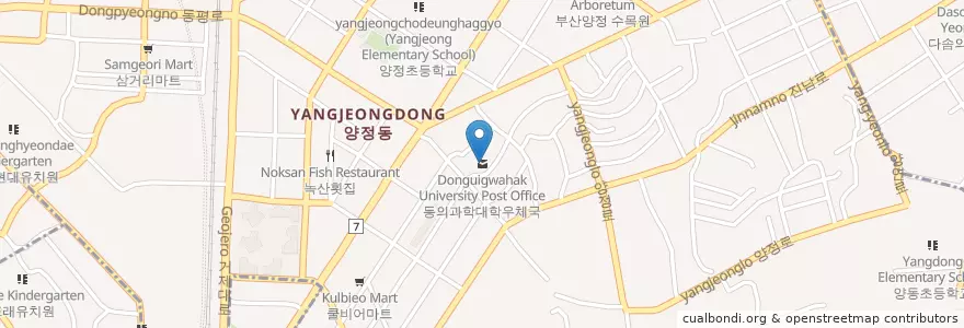 Mapa de ubicacion de 東義科学大学郵便局 en 大韓民国, 釜山, 蓮堤区, 柳亭洞.