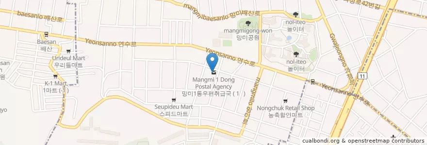 Mapa de ubicacion de 망미1동우편취급국 en کره جنوبی, بوسان, 수영구, 망미동.