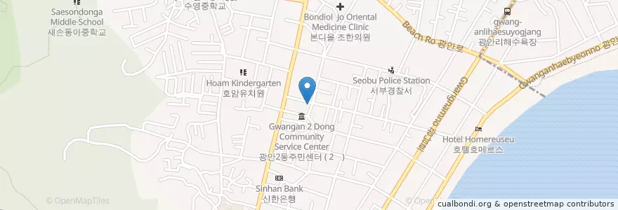 Mapa de ubicacion de 광안2동우편취급국 en 대한민국, 부산, 수영구, 광안동.