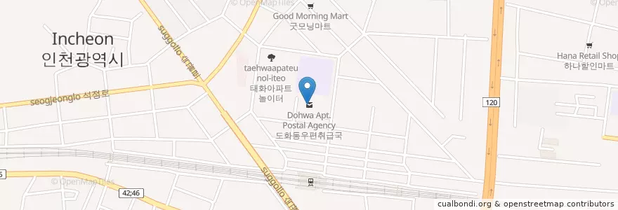 Mapa de ubicacion de 도화동우편취급국 en 대한민국, 인천, 미추홀구, 도화동.