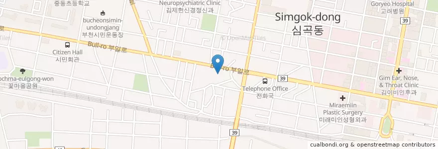 Mapa de ubicacion de 심곡우체국 en 대한민국, 경기도, 부천시.
