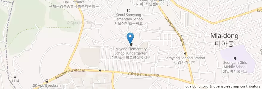 Mapa de ubicacion de 미양초등학교병설유치원 en Corée Du Sud, Séoul, 강북구, 삼양동.