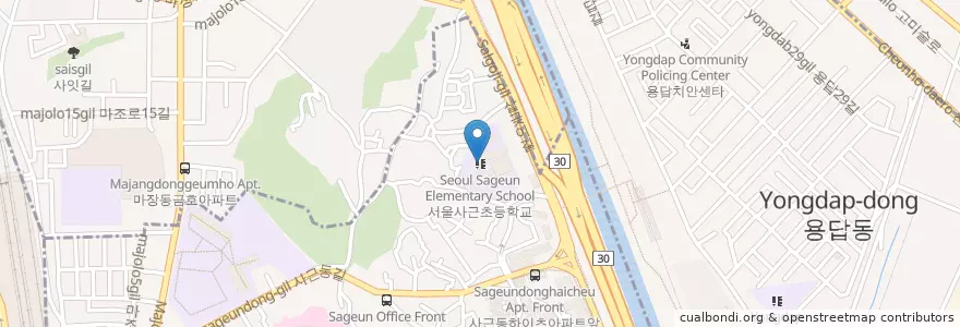 Mapa de ubicacion de 사근초등학교병설유치원 en 大韓民国, ソウル, 城東区, 용답동, 사근동.