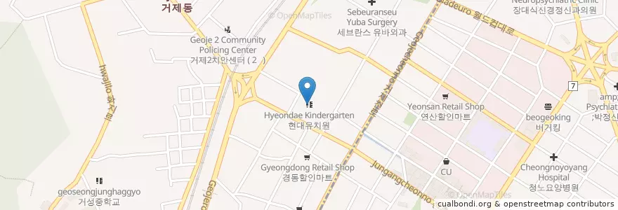 Mapa de ubicacion de Hyeondae Kindergarten en South Korea, Busan, Yeonje-Gu, Geoje-Dong.