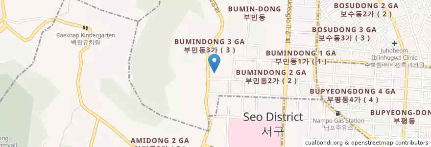 Mapa de ubicacion de 노틀담유치원 en كوريا الجنوبية, بسان, 서구, 아미동, 부민동.