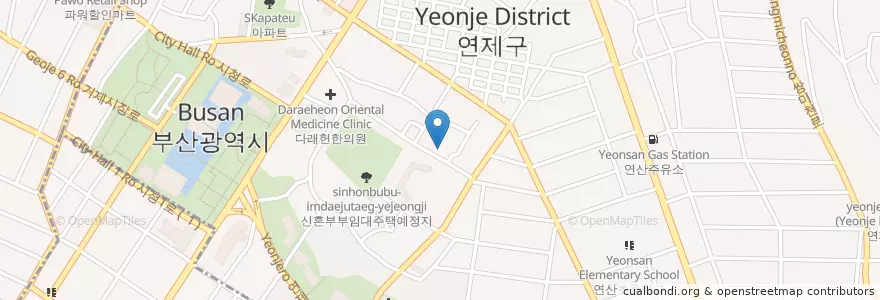 Mapa de ubicacion de 브니엘유치원 en Zuid-Korea, Busan, 연제구, 연산동.