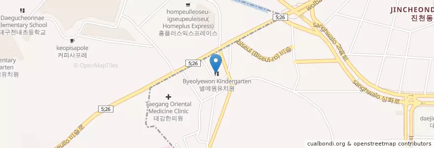 Mapa de ubicacion de 별예원유치원 en 대한민국, 대구, 진천동, 화원읍.