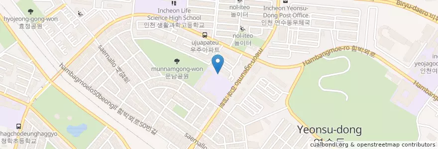 Mapa de ubicacion de 동춘초등학교병설유치원 en 大韓民国, 仁川広域市, 延寿区, 연수동.