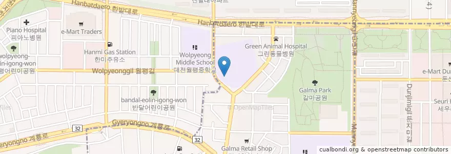 Mapa de ubicacion de 대전갈마유치원 en Республика Корея, Тэджон, 서구, 갈마동, 월평동.