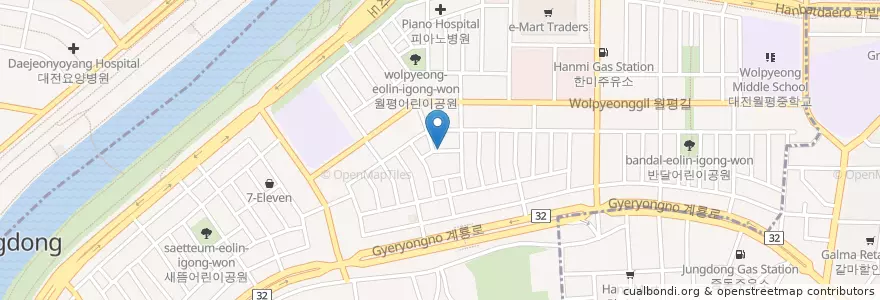 Mapa de ubicacion de 월평동천주교회평화유치원 en 大韓民国, 大田, 西区, 월평동.