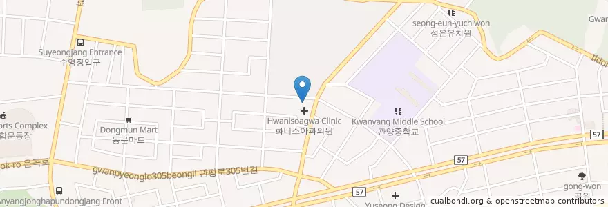 Mapa de ubicacion de 예스셈유치원 en کره جنوبی, گیونگی-دو, 안양시, 동안구, 관양동, 비산동.