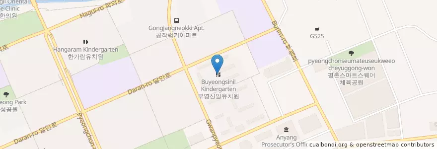 Mapa de ubicacion de Buyeongsinil Kindergarten en South Korea, Gyeonggi-Do, Anyang-Si, 동안구, 관양동.