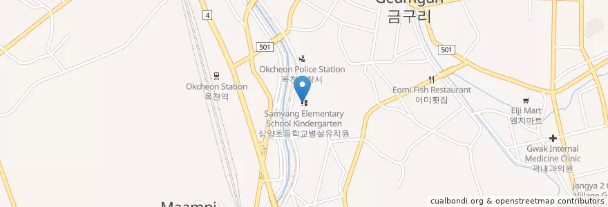 Mapa de ubicacion de 삼양초등학교병설유치원 en Республика Корея, Чхунчхон-Пукто, 옥천군.