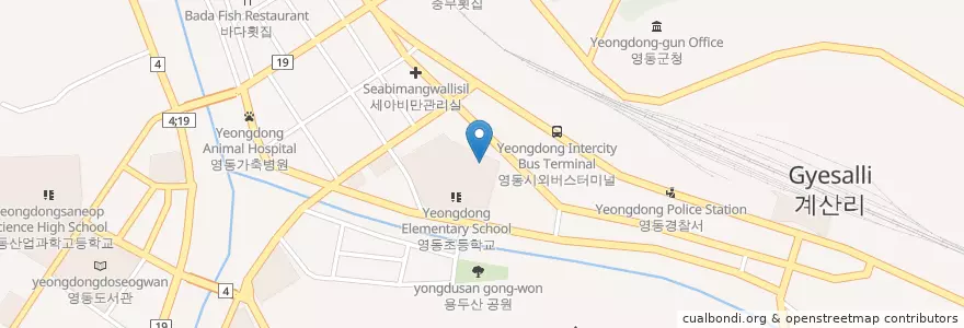 Mapa de ubicacion de 영동초등학교병설유치원 en Республика Корея, Чхунчхон-Пукто, 영동군.