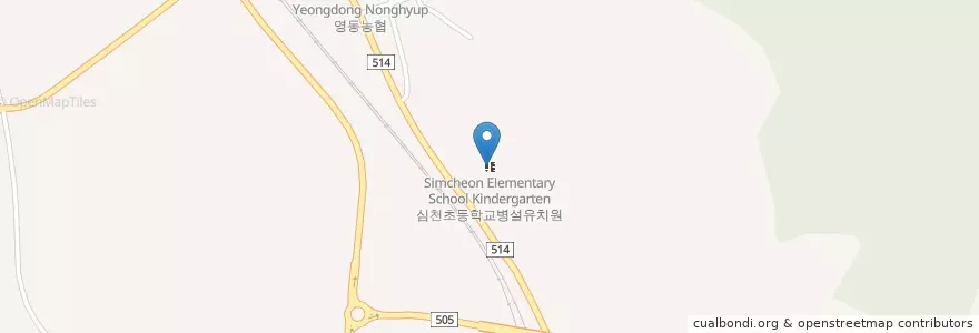 Mapa de ubicacion de 심천초등학교병설유치원 en Korea Selatan, 충청북도, 영동군.