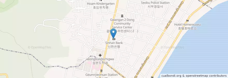 Mapa de ubicacion de 신한은행 en 대한민국, 부산, 수영구, 광안동.