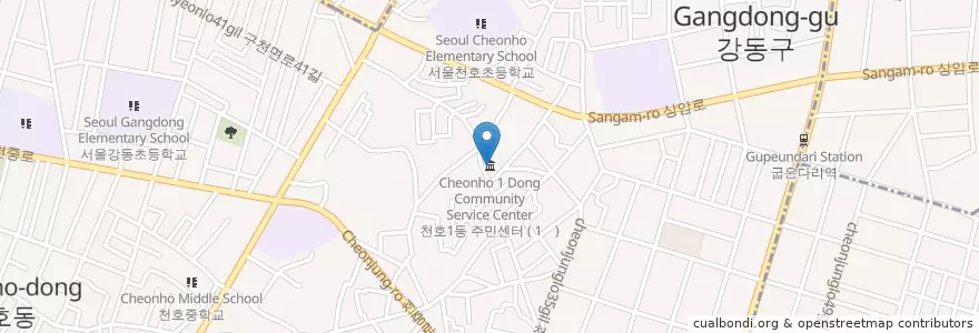 Mapa de ubicacion de 천호1동 주민센터 en 대한민국, 서울, 강동구, 천호동, 천호1동.