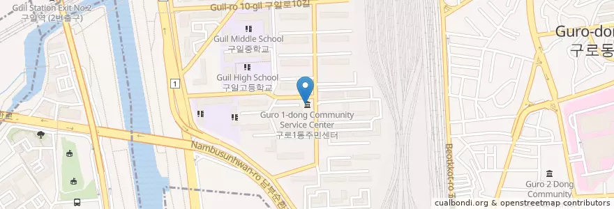 Mapa de ubicacion de 구로1동주민센터 en 대한민국, 서울, 구로구, 구로2동, 구로1동.