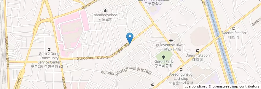 Mapa de ubicacion de 구로4동주민센터 en Güney Kore, Seul, 구로구, 구로2동, 구로4동.