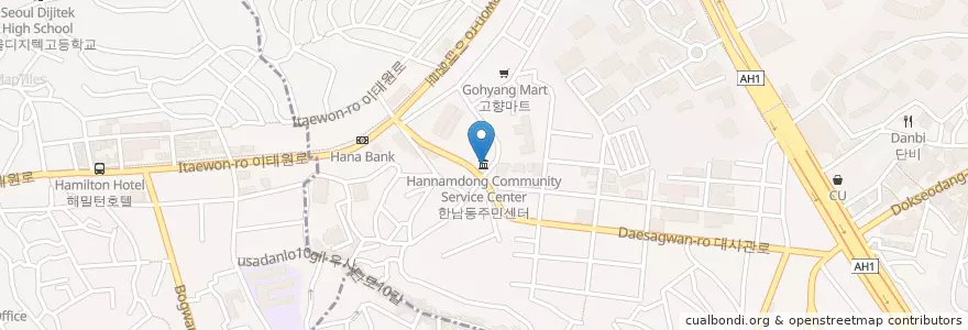 Mapa de ubicacion de 한남동주민센터 en 대한민국, 서울, 용산구, 한남동.