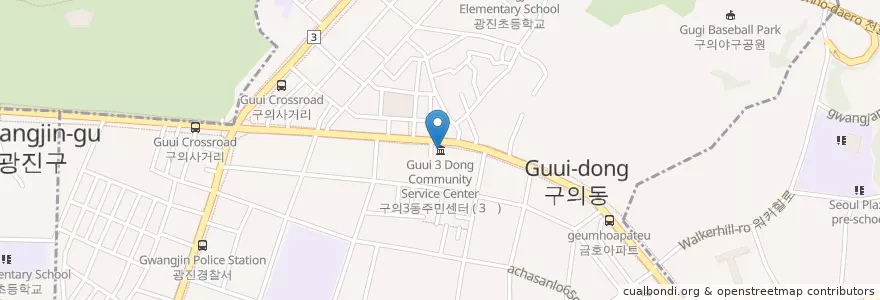 Mapa de ubicacion de 구의3동주민센터 en Korea Selatan, 서울, 광진구, 구의1동, 구의2동.
