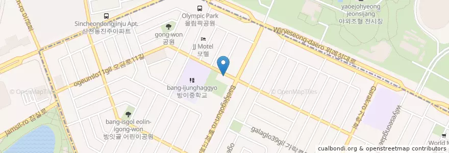 Mapa de ubicacion de 방이2동 주민센터 en 大韓民国, ソウル, 松坡区, 방이2동.