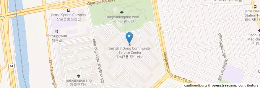 Mapa de ubicacion de 잠실7동 주민센터 en 大韓民国, ソウル, 江南区, 松坡区, 잠실본동, 잠실7동.