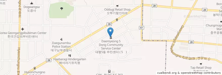 Mapa de ubicacion de 대명5동 주민센터 en 대한민국, 대구, 남구, 대명동.