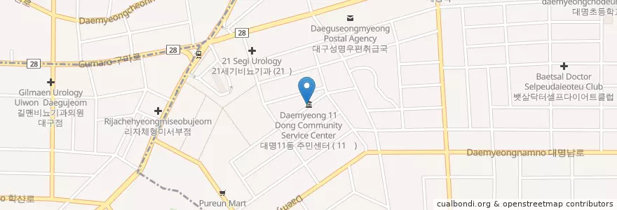 Mapa de ubicacion de 대명11동 주민센터 en Güney Kore, Daegu, 남구, 대명동.