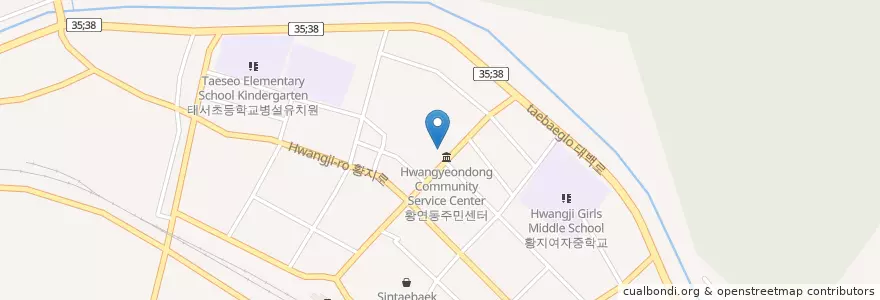 Mapa de ubicacion de Hwangyeondong Community Service Center en South Korea, Gangwon-Do, Taebaek-Si.